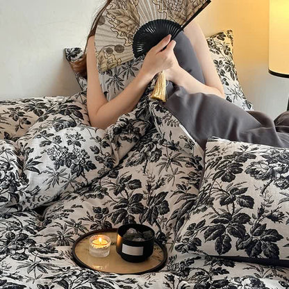 Black Camellia Natural Cotton Bedding Set(4PCS) - image 8