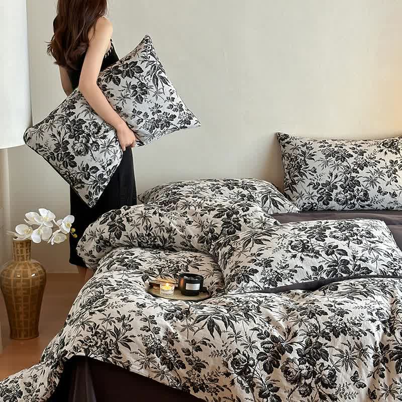 Black Camellia Natural Cotton Bedding Set(4PCS) - image 6