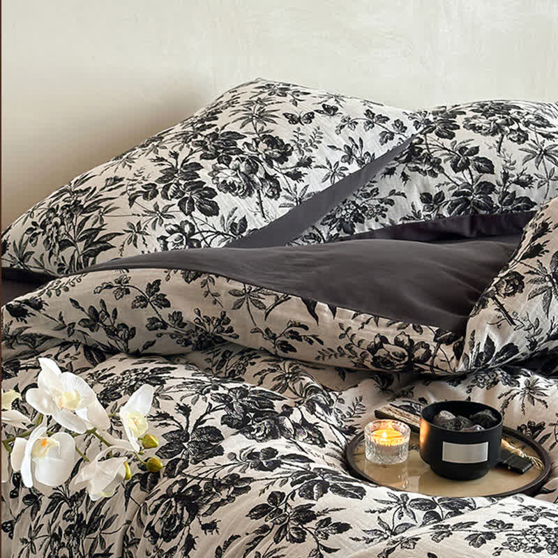 Black Camellia Natural Cotton Bedding Set(4PCS) - image 9