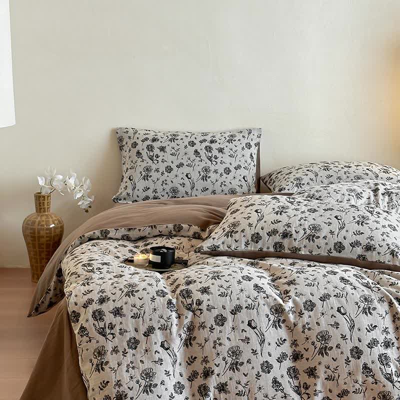 Black Floral Natural Cotton Bedding Set(4PCS) - image 3