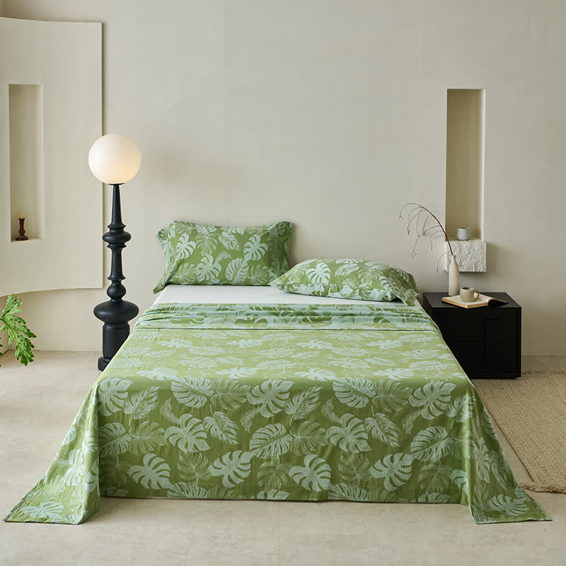 Green Monstera Cotton Gauze Jacquard Bedspread - Green - 2PCS Pillowcases - 41" x 20" - image 4