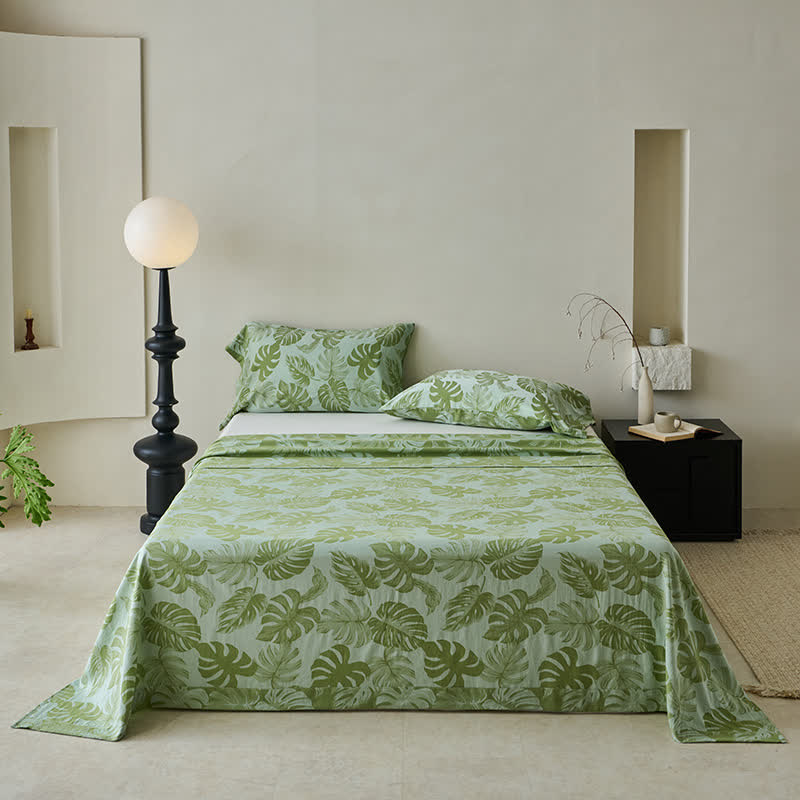 Green Monstera Cotton Gauze Jacquard Bedspread - Light Green - 2PCS Pillowcases - 41" x 20" - image 0