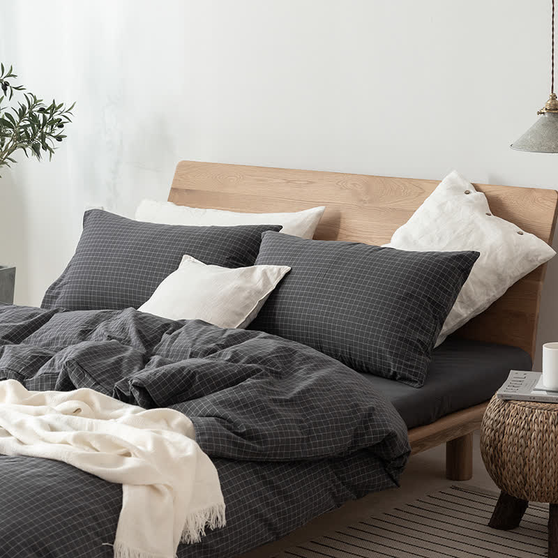 Minimalist Grid Pattern Cotton Dorm Bedding Set - Black - Cal King - image 2