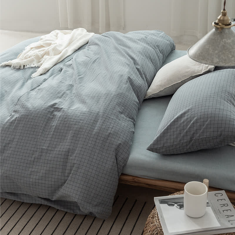 Minimalist Grid Pattern Cotton Dorm Bedding Set - Haze Blue - Cal King - image 3