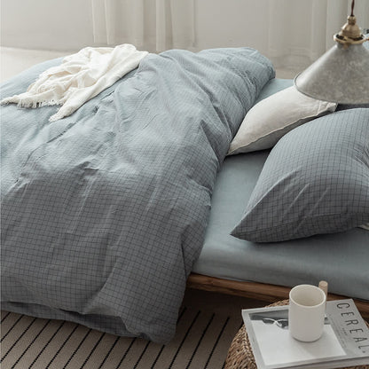 Minimalist Grid Pattern Cotton Dorm Bedding Set - Haze Blue - Cal King - image 3