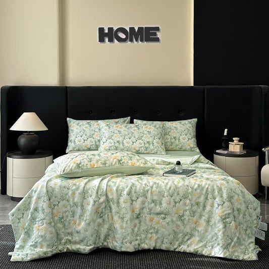 Silky Watercolor Flower Print Natural Quilt - Green - Bedding Sets - King - image 0