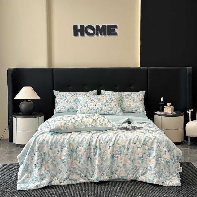 Silky Watercolor Flower Print Natural Quilt - Blue - Bedding Sets - King - image 2