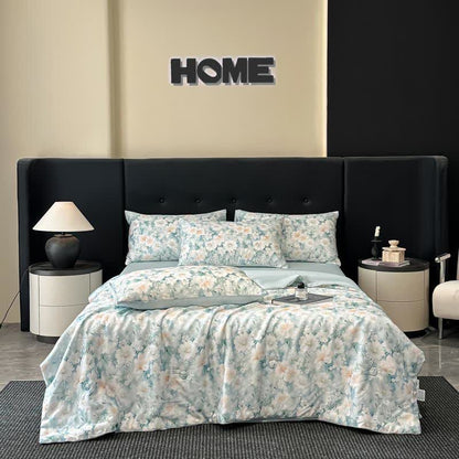 Silky Watercolor Flower Print Natural Quilt - Blue - Bedding Sets - King - image 2