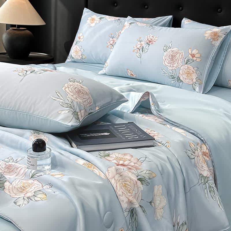 Blue Camellia Print Silky Natural Quilt - image 1