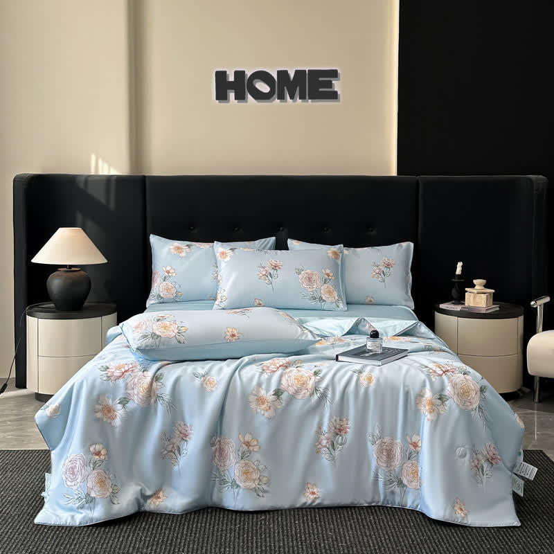 Blue Camellia Print Silky Natural Quilt - Bedding Sets - King - image 0