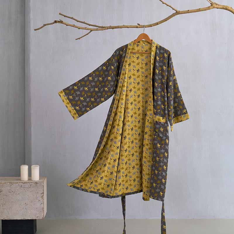 Two-Tone Ginkgo Cotton Gauze Kimono Robe - Grey & Yellow - 2XL - image 10