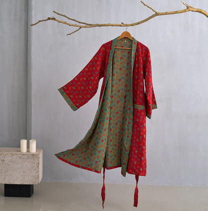 Two-Tone Ginkgo Cotton Gauze Kimono Robe - Red & Green - 2XL - image 0