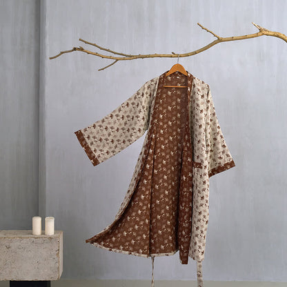 Two-Tone Ginkgo Cotton Gauze Kimono Robe - Beige & Coffee - XL - image 28