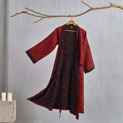 Two-Tone Ginkgo Cotton Gauze Kimono Robe - Red & Black - 2XL - image 17