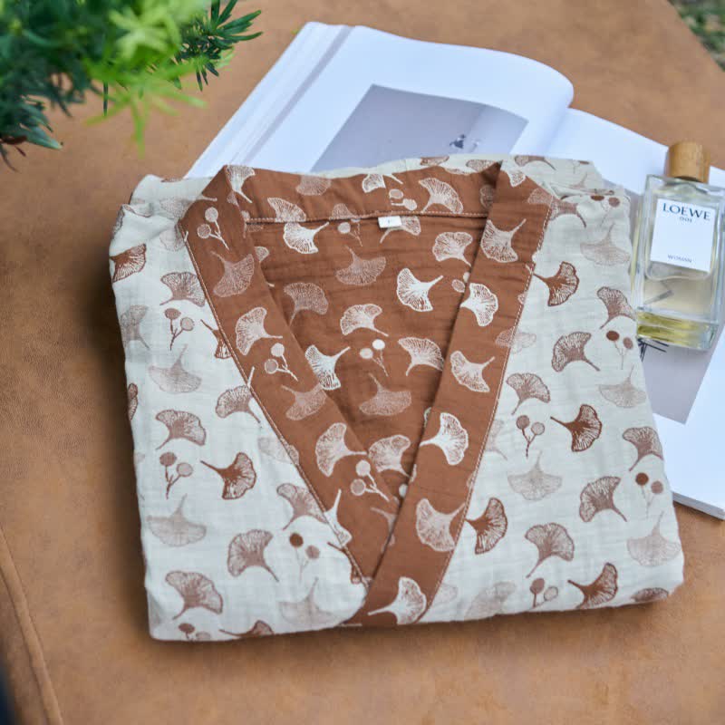 Two-Tone Ginkgo Cotton Gauze Kimono Robe - image 29