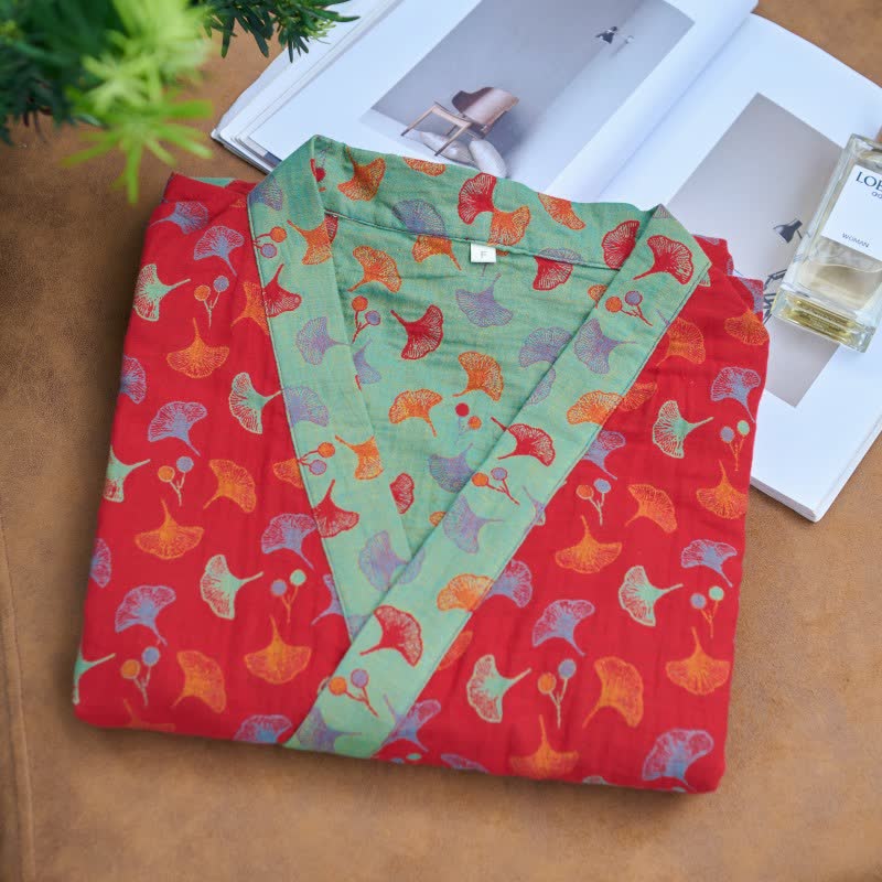 Two-Tone Ginkgo Cotton Gauze Kimono Robe - image 4