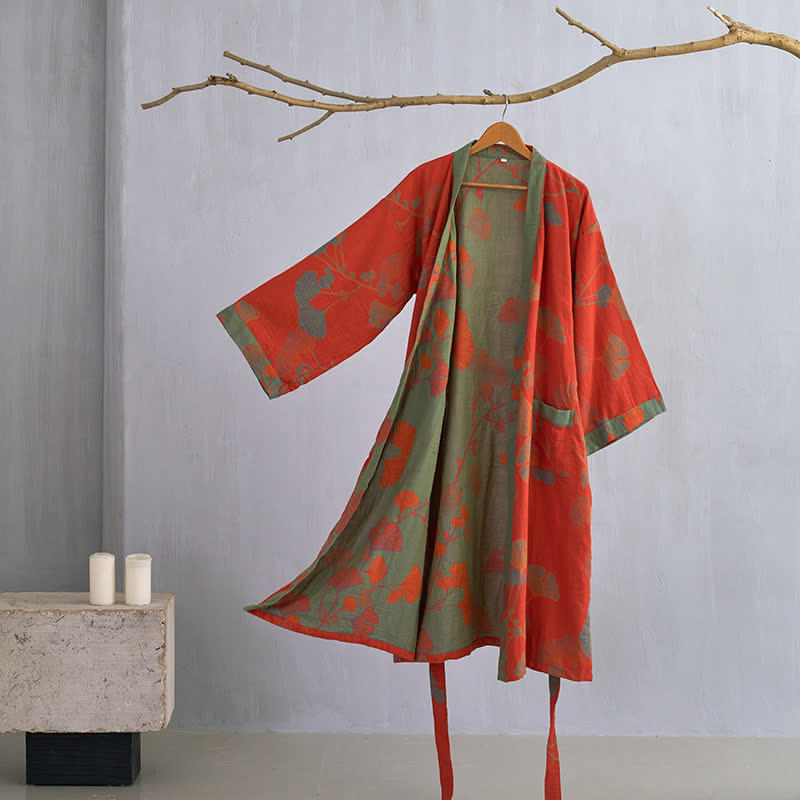 Large Ginkgo Leaf Cotton Kimono Robe - Orange & Green - XL - image 10