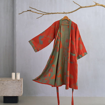 Large Ginkgo Leaf Cotton Kimono Robe - Orange & Green - XL - image 10