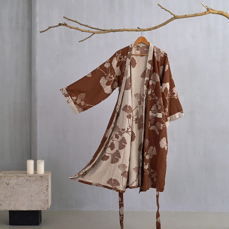 Large Ginkgo Leaf Cotton Kimono Robe - Coffee & Beige - XL - image 15