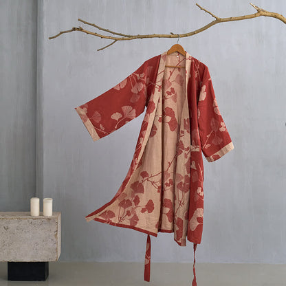 Large Ginkgo Leaf Cotton Kimono Robe - Red & Nude - XL - image 8