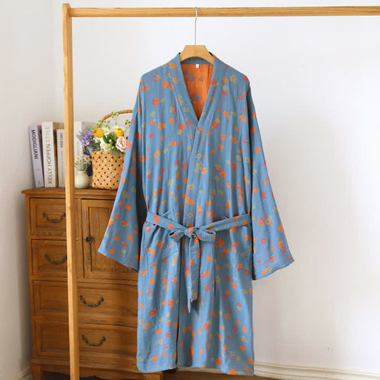 Tranquil Floral Japanese Cotton Kimono Robe - Blue & Orange - L - image 0