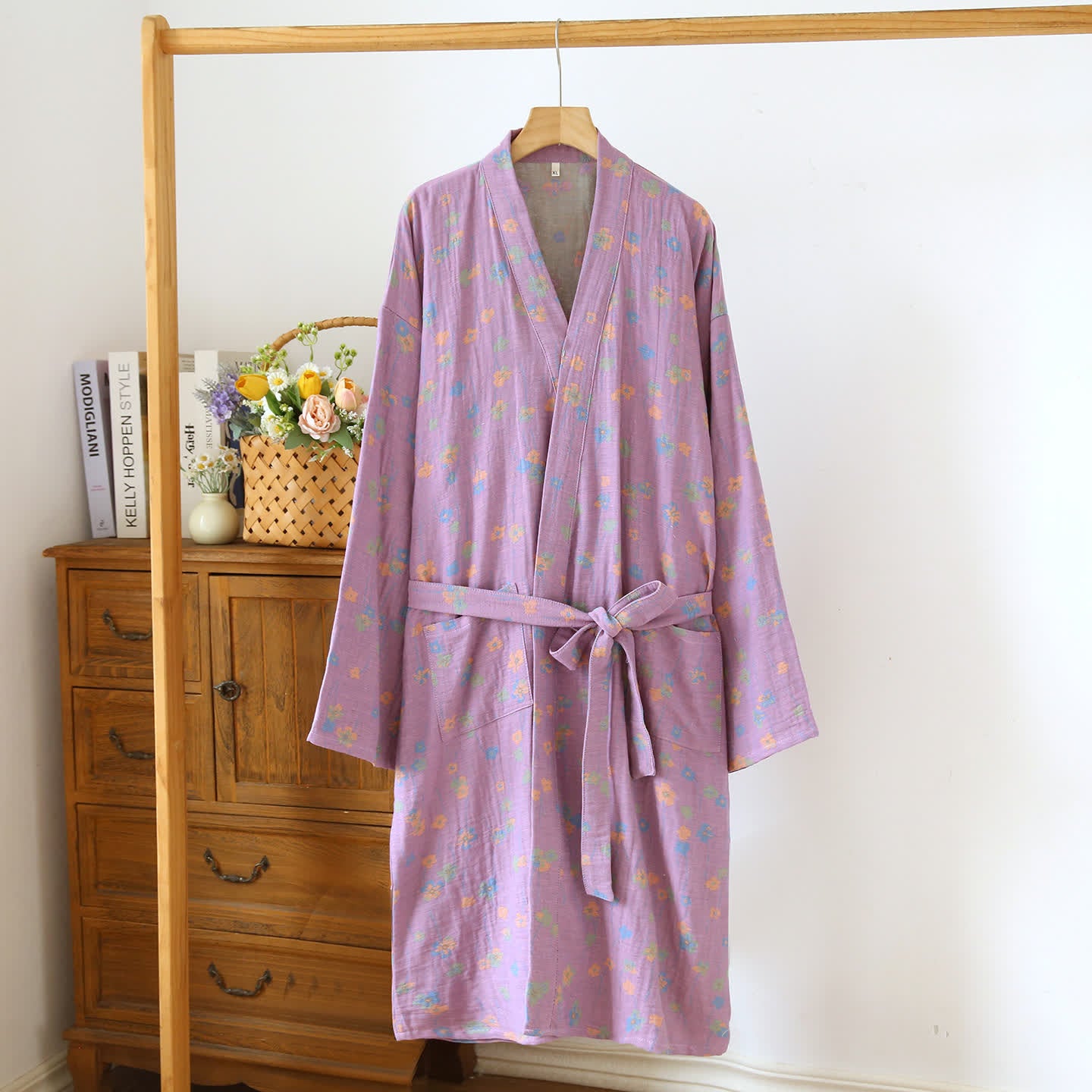 Tranquil Floral Japanese Cotton Kimono Robe - Light Purple & Green - L - image 1
