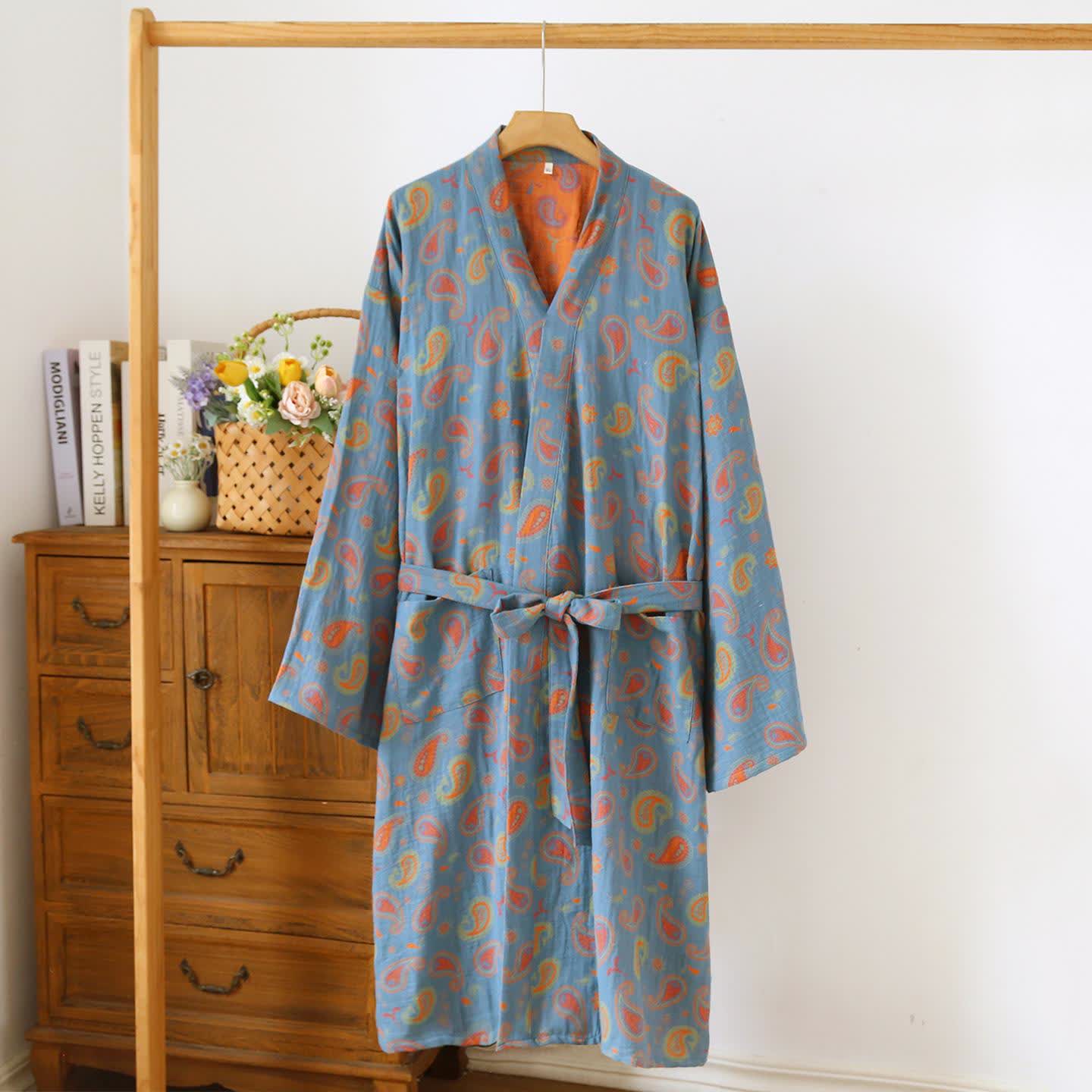 Paisley Cotton Gauze Japanese Kimono Robe - Blue & Orange - L - image 0