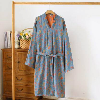 Paisley Cotton Gauze Japanese Kimono Robe - Blue & Orange - L - image 0