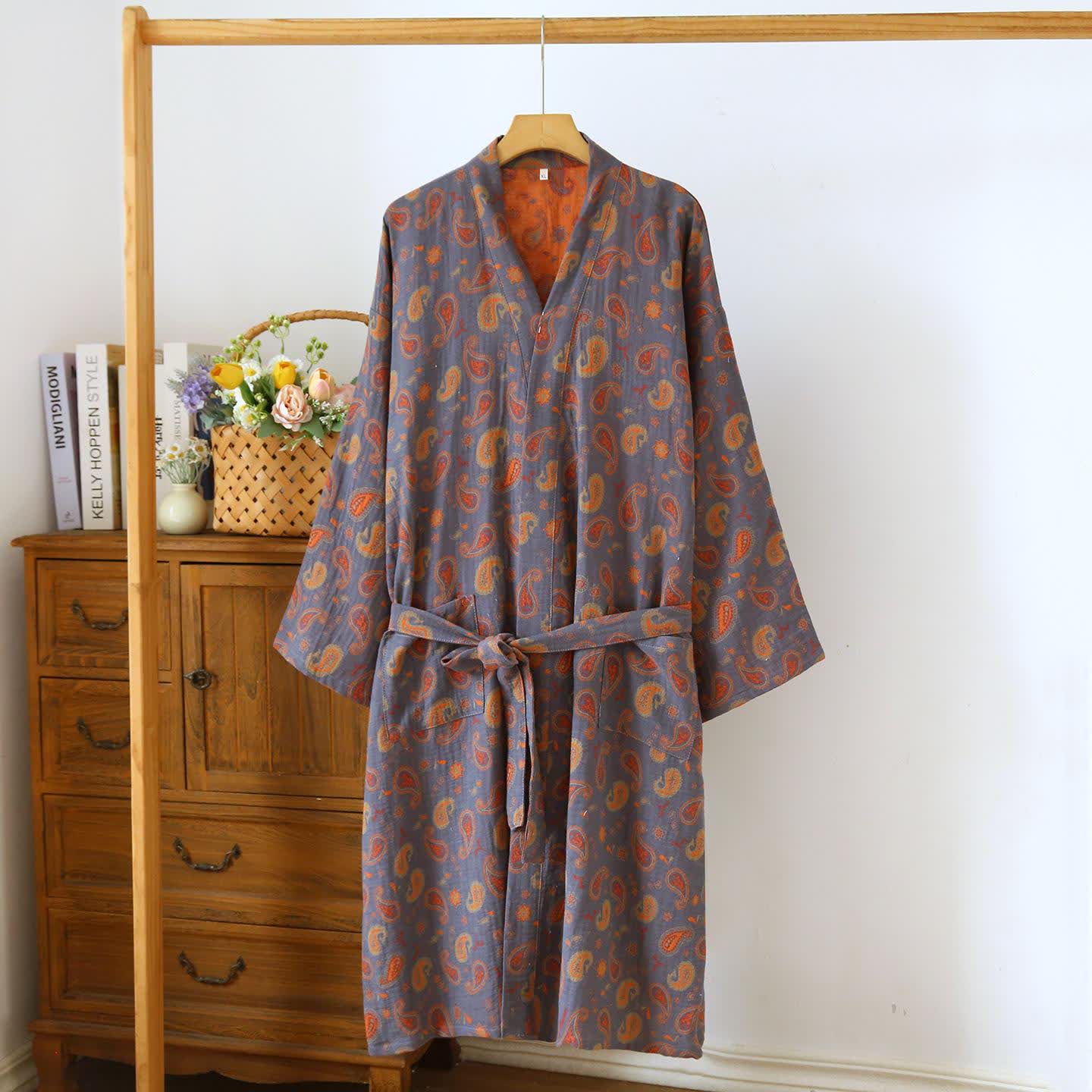 Paisley Cotton Gauze Japanese Kimono Robe - Dark Grey & Orange - L - image 8
