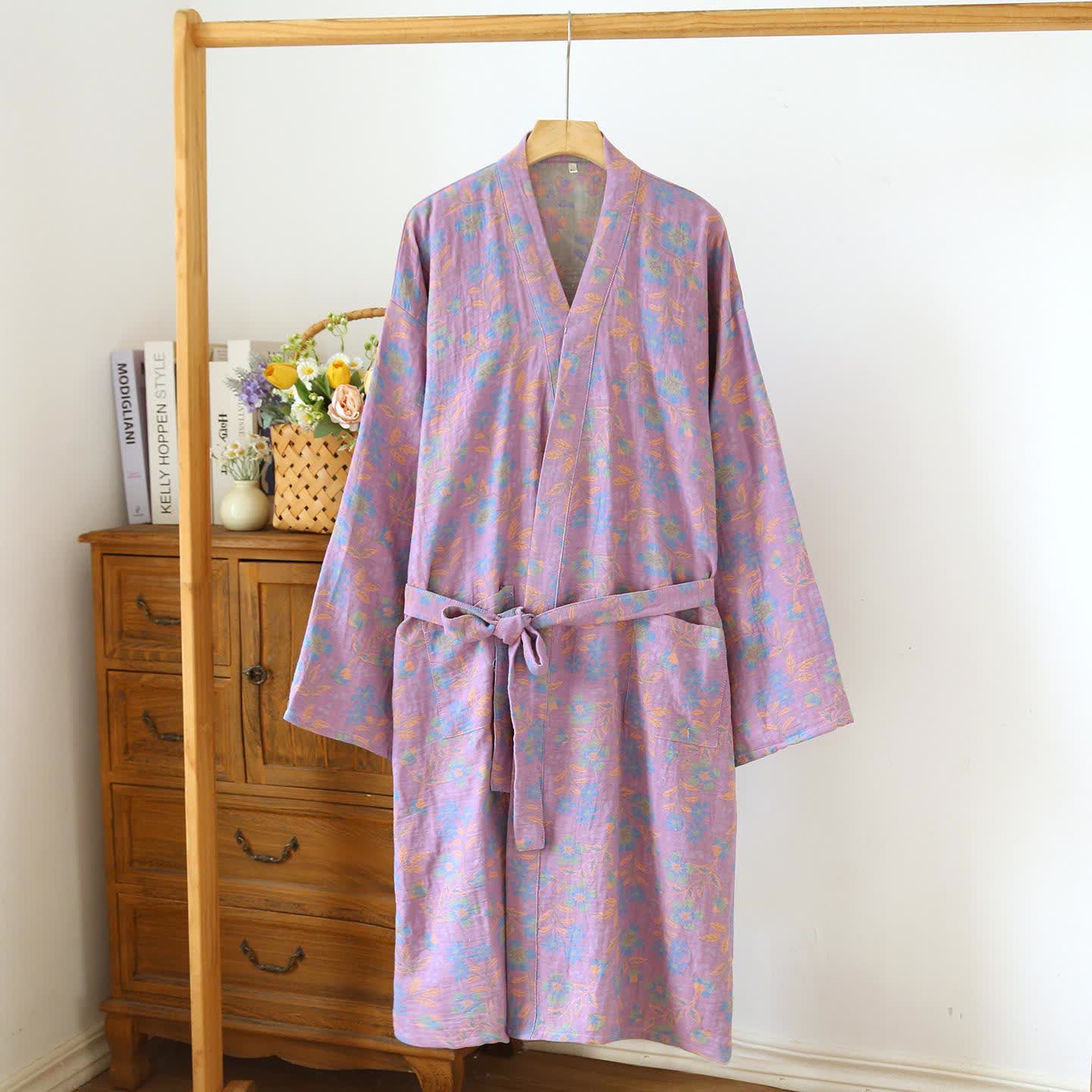 Daffodil Cotton Japanese Kimono Robe - Light Purple & Green - L - image 0