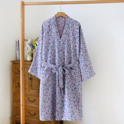 Begonia Cotton Japanese Kimono Robe - Blue - L - image 3