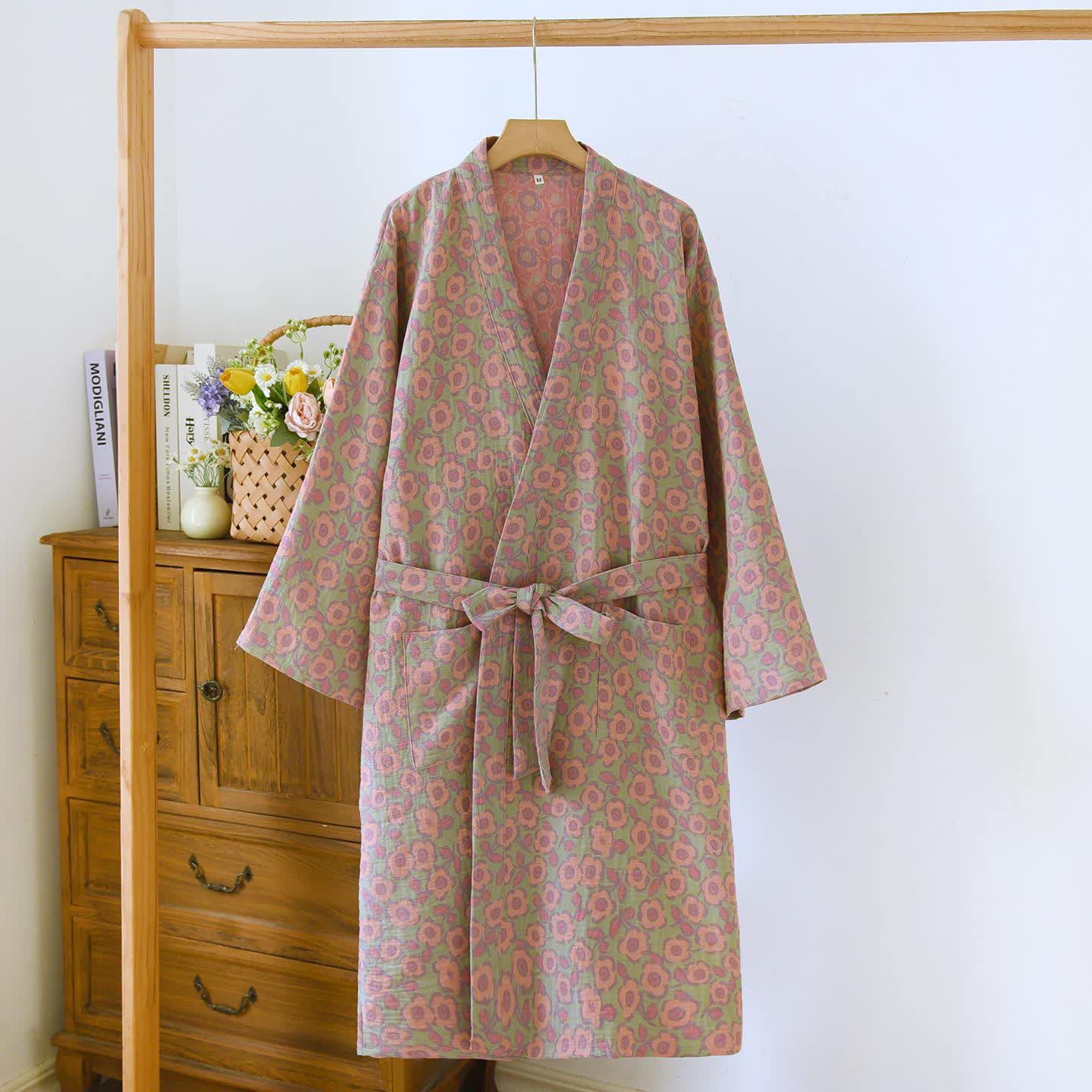 Begonia Cotton Japanese Kimono Robe - Green - L - image 12