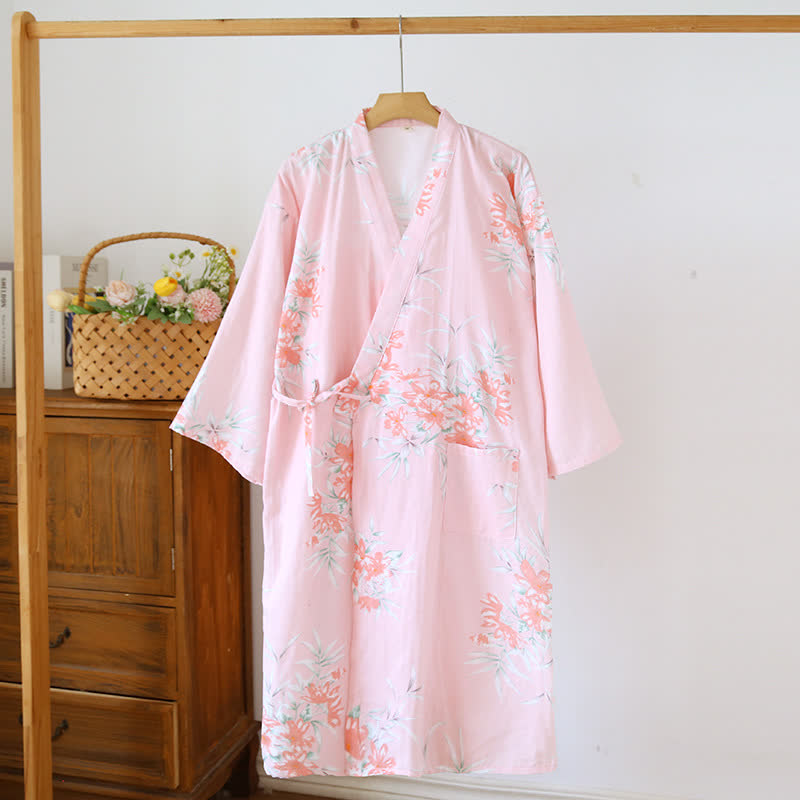 Peach Blossom Cotton Japanese Kimono Robe - Pink - L - image 5