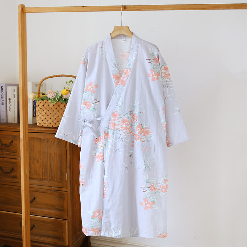 Peach Blossom Cotton Japanese Kimono Robe - Light Purple - L - image 4