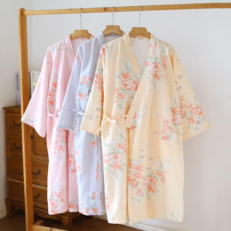 Peach Blossom Cotton Japanese Kimono Robe - image 1