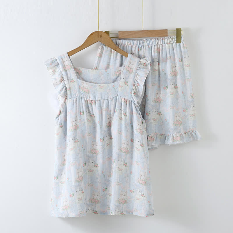 Cat Print Padded Ruffle Sleeveless Nightwear - Loungewear Set - XL - image 1