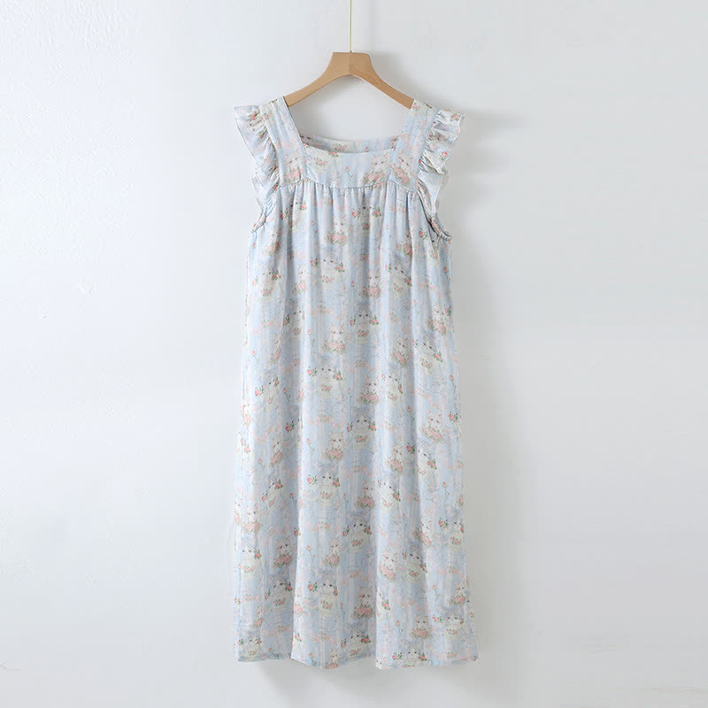 Cat Print Padded Ruffle Sleeveless Nightwear - Nightdress - XL - image 2