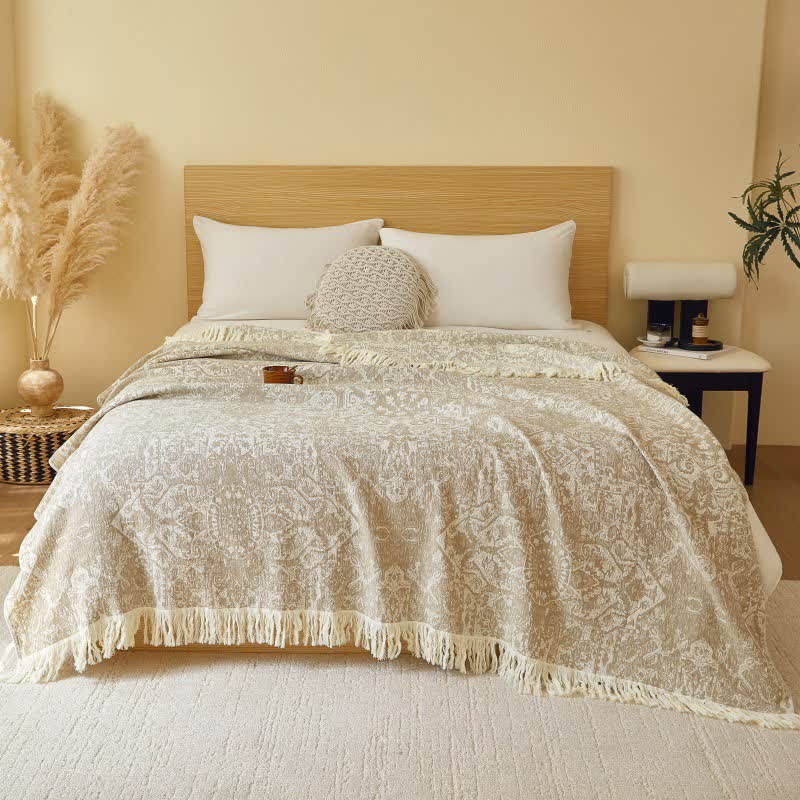 Retro Tribal Cotton Gauze Tassel Quilt - Beige - Queen - image 1