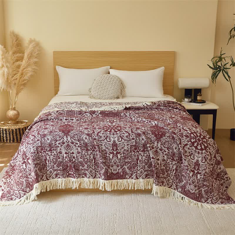 Retro Tribal Cotton Gauze Tassel Quilt - Dark Red - Queen - image 2