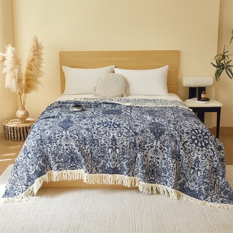 Retro Tribal Cotton Gauze Tassel Quilt - Dark Blue - Queen - image 3