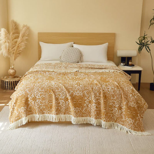 Retro Tribal Cotton Gauze Tassel Quilt - Gold - Queen - image 0