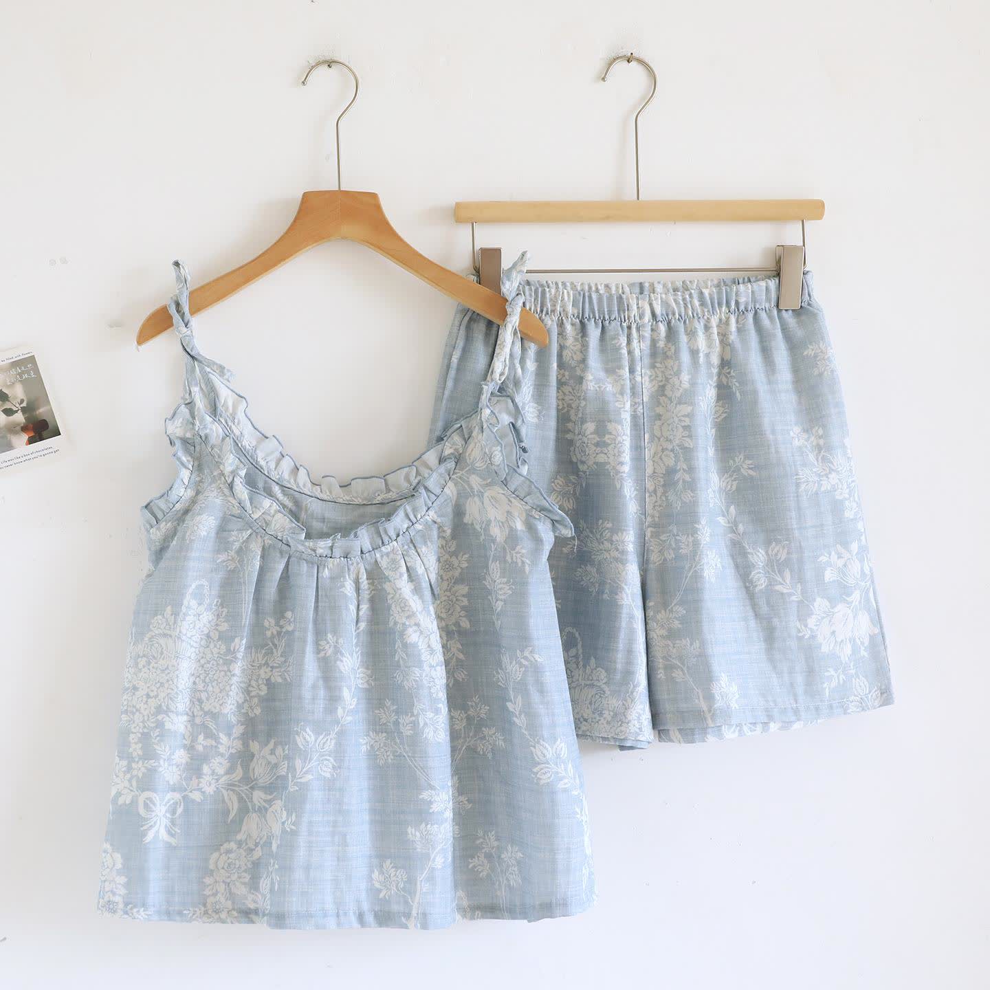Rose Bow Cotton Padded Cami Pajamas - Blue - Cami & Shorts - XL - image 2