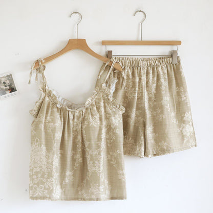 Rose Bow Cotton Padded Cami Pajamas - Khaki - Cami & Shorts - XL - image 18