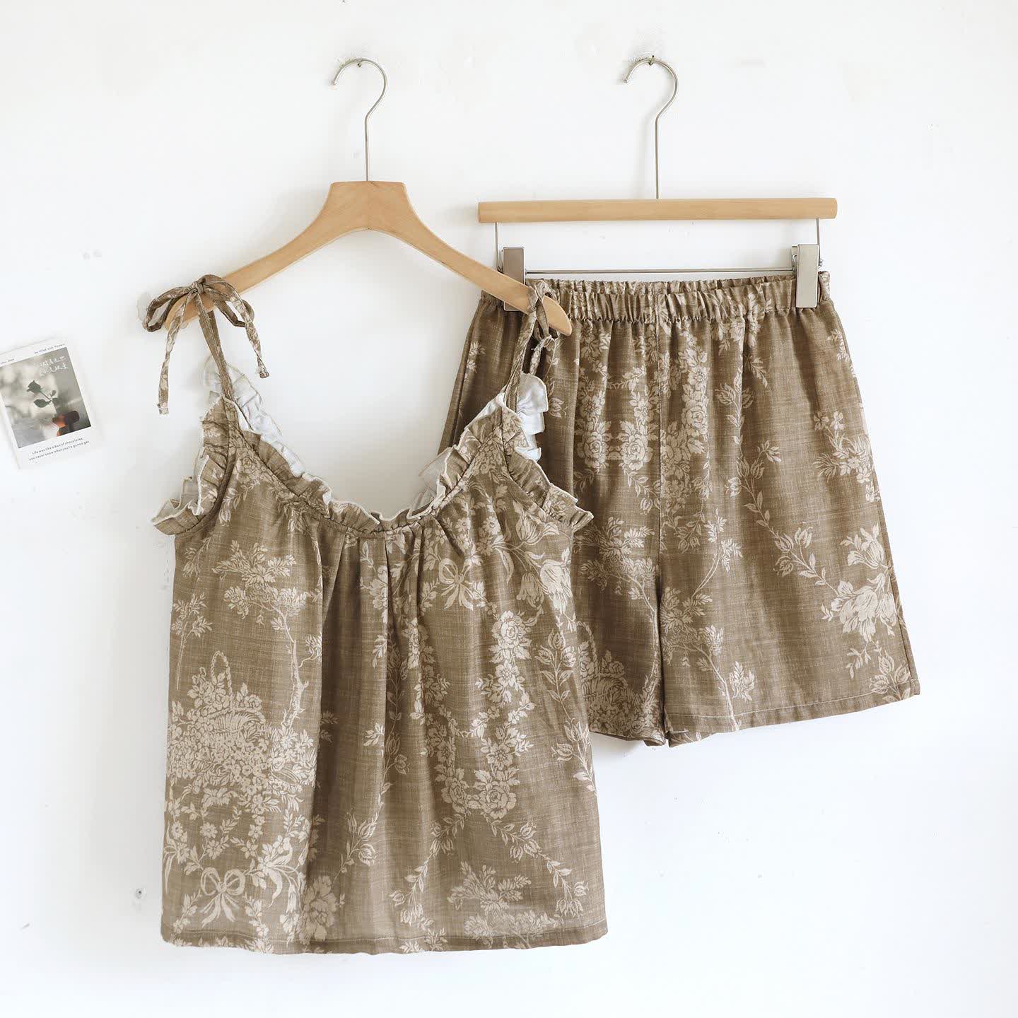 Rose Bow Cotton Padded Cami Pajamas - Brown - Cami & Shorts - XL - image 16