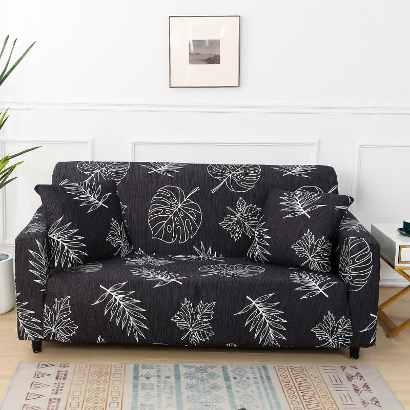 Black Monstera Print Stretch Sofa Slipcover - 4-Seater 92" - 118" - image 0