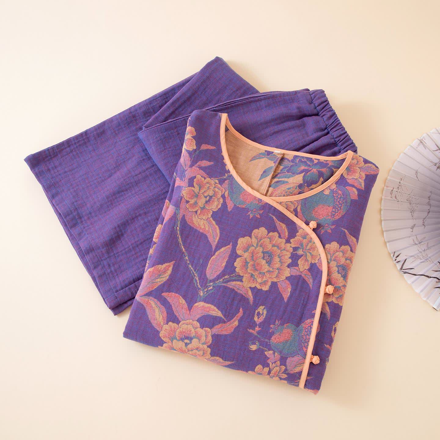 Oriental Style Peony Pomegranate Cotton Sleepwear - image 1
