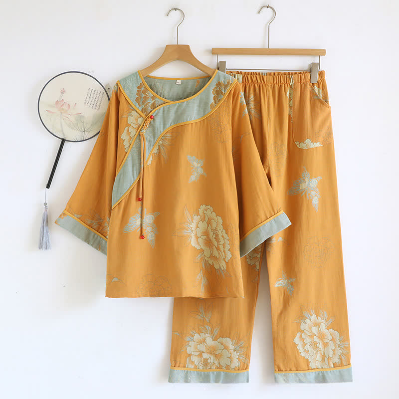 Peony Butterfly Jacquard Cotton Gauze Pajamas - Yellow - XL - image 0