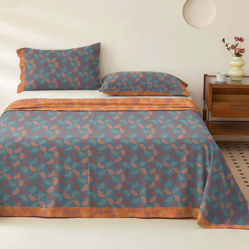 Ginkgo Leaf Cotton Gauze Bedspread - Blue & Orange - 2PCS Pillowcases - 40" x 20" - image 0