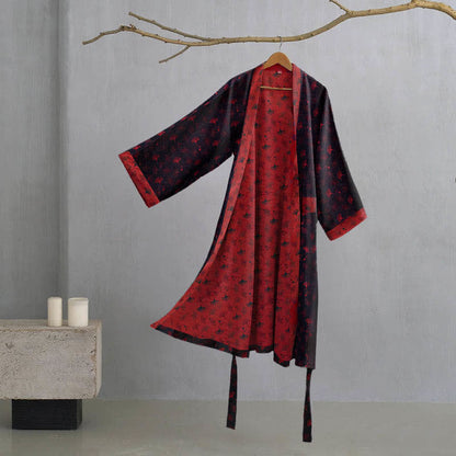 Two-Tone Ginkgo Cotton Gauze Kimono Robe - Black & Red - 2XL - image 15