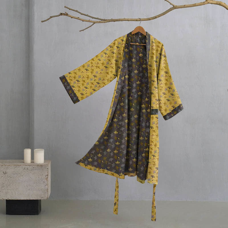 Two-Tone Ginkgo Cotton Gauze Kimono Robe - Yellow & Grey - 2XL - image 19